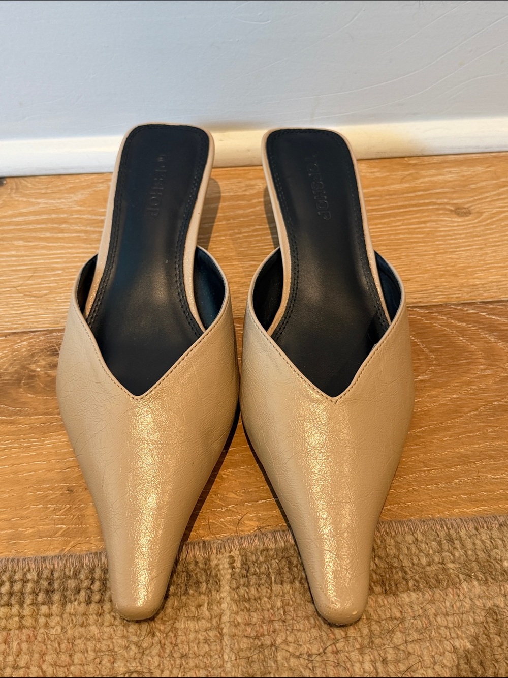 Topshop Beige Pointed-Toe Slip-On Mules kitten heel